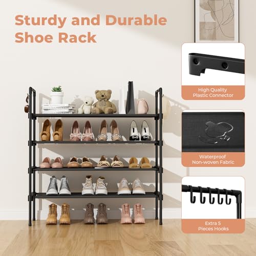 LANTEFUL 4 Tier Shoe Rack for Closet Shoe Organizer with 5 Hooks, Long Shoe Shelf Storage for Shoe and Boot Stackable Free Standing Shoe Rack for Entryway, Garage, Small Spaces, Dorm, Black - color: Black, size: 27.8"W - 4 Tier