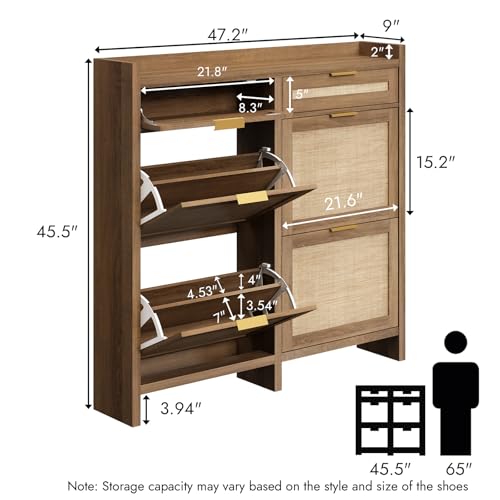 HOKYHOKY Large Rattan Shoe Storage Cabinet with 4 Flip Drawers & 2 Storages–Hidden Slim Shoe Organizer for Entryway, Large Tabletop Space, Farmhouse Boho Narrow Shoe Rack, Rustic Oak - color: Rustic Oak, size: 4 Flips