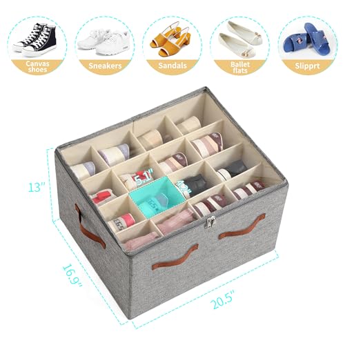 Shoe Organizer for Closet, Foldable Large Shoe Storage Bins with Clear Cover, Removable Partitions and Bottom are Supported by Plastic Boards (Grey, 20.5“Lx16.9 Wx13'H) - color: Grey