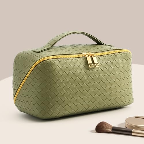 Women's Travel PU Leather Cosmetic Organizer - Large Capacity Toiletry Storage Solution - color: dark green