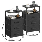 JARHETUN Nightstand Set of 2, Night Stands with Charging Station, 26.4 Inch Tall Bedside Table with Metal Shelf, Modern Side End Table with 3 Fabirc Drawers, Small Dresser for Bedroom, Black - color: Black, style: Power