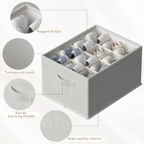 FHSQX 4 Pack Shoe Organizer for Closet,Foldable Shoe Organizer,Fits up to 48 Pairs,Storage Containers With Bottom Support for Shoes (Light Grey, (16.5 * 12.6 * 9.5) x4) - color: Light Grey