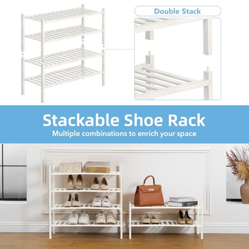 2 Tier Bamboo Shoe Rack Storage Organizer for Closet, Multifunctional Stackable Free Standing Shoe Shelf Organizer for Small Space,Entryway, Hallway, Bathroom27 x11 x13 (White, 2 Tier) - color: White, size: 2 Tier