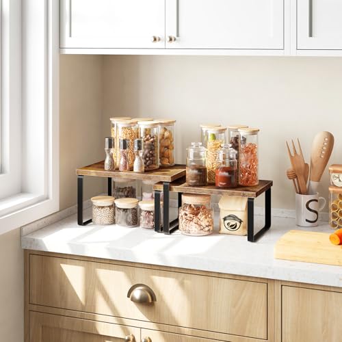 HOOBRO Cabinet Organizer Shelf, Set of 2, Kitchen Countertop Organizer, Kitchen Countertop Shelf, Spice Rack for Counter, Stackable, Expandable for Cabinet, Kitchen, Rustic Brown and Black BF33TL01 - color: Rustic Brown + Black