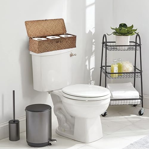 Sumnacon Extended Seagrass Storage Basket with Lid 3-Section Wicker Storage Basket,Small Woven Shelf Basket for Toiletries Tampon Storage,Seagrass Basket for Shelf Bathroom Toilet Counter,Coffee - color: Coffee, size: Large