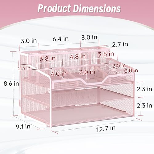 3 Tier Mesh Desk Organizer,Multi Functional Letter Paper Tray with 3 Pen Holders and 5 Adjustable Storage Compartments for Office Supplies Files and Mail Space Saving Desktop Organizer-Pink - color: 3 Tier-pink