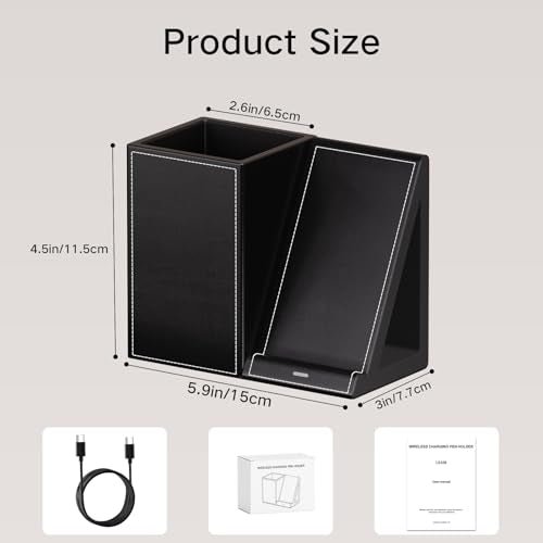 LADSTAG Pen Organizer with Phone Stand,Black Vegan Leather Desk Organizers with Remote Control Holder,Pencil Holder for Desk,Desk Organizer with Phone Charger for Office/Nightstand/Endtable - color: Black, size: S