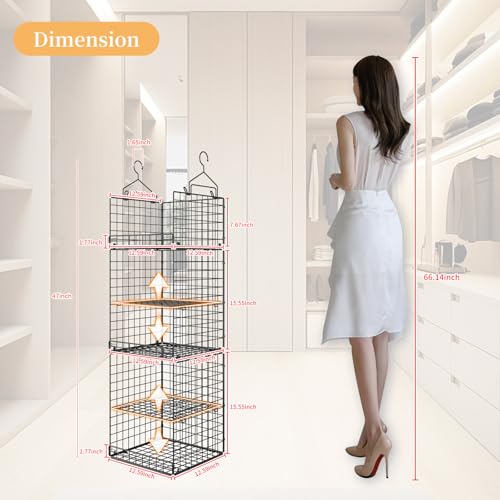 Yuyetuyo 5 Tier Closet Hanging Organizer and Storage Separable Hanging Closet Shelves with 4 Hooks 2 Adjustable Dividers, Wire Storage Basket Bins for Clothing Sweaters Socks Dolls Handbags, Foldable - color: Black, size: 5-Tier