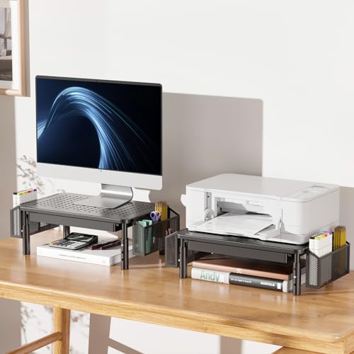 WALI Dual Monitor Stand with Storage, Desk Organizer with Drawer and Pen Holder, Desk Monitor Riser 3 Height Adjustable, Laptop Riser for Computer, Laptop, Printer (STT003DH-2B), 2 Pack, Black - color: Black 2 Pack, size: with Drawer and Pen Holder
