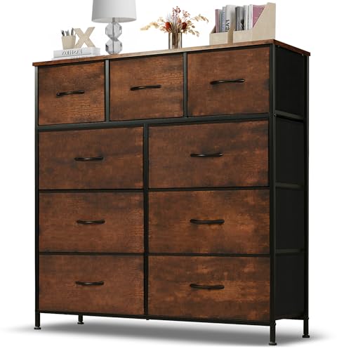 Dresser for Bedroom, 9 Storage Drawers, Anti-Tip Tall Fabric Closet Chests Organizer Tower Furniture with Wooden Top Metal Frame for Clothes, Living Room, Hallway, Entryway