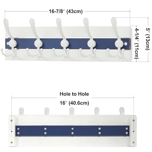 SKOLOO Coastal Wall Mounted Coat Rack - 16-7/8" Beach House Entryway Wooden Coat Hook with 5 Hooks for Hanging Coats, Hats or Towels, Oceanfront Cottage Core Collection, White & Blue - color: Blue & White Plates & White Hook, size: 1 Item-5 Hooks