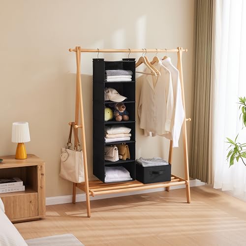 MAX Houser 6 Tier Shelf Hanging Closet Organizer, Closet Hanging Shelf with 2 Sturdy Hooks for Storage, Foldable (Black) - color: Black