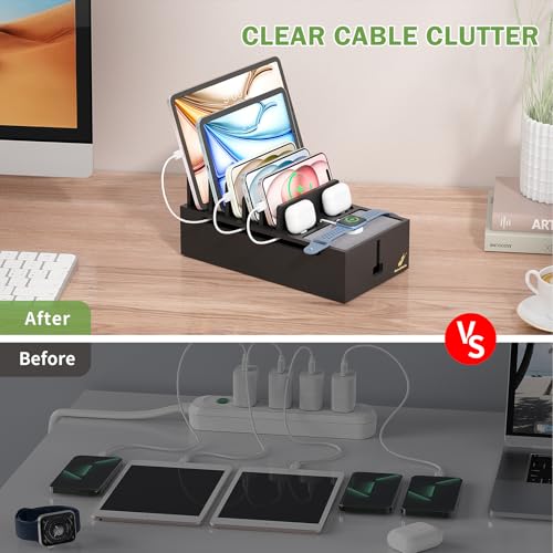 Pezin & Hulin Natural Bamboo Cable Management Box, Wire Organizers for Cords, Charge Station Box, Desktop Dock Organizer Rack for Electronic Device (Include 6 Cables)(No Power Adapter) -Black - color: Black (No Charger)