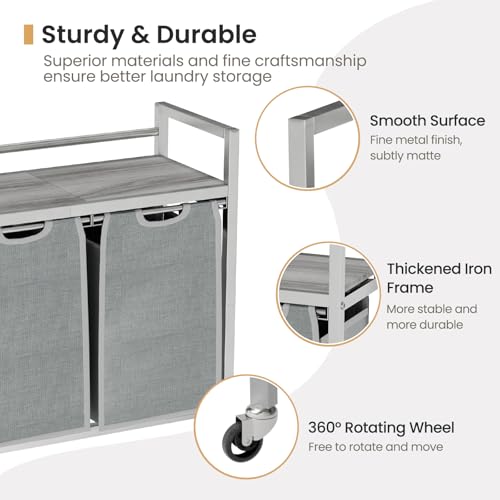 SwaaVee Laundry Hamper, Laundry Basket, Laundry Sorter with 3 Removable Bags, Clothes Basket with 3 Compartments, Wheels, Shelf for Laundry Room Bathroom Bedroom (2 Bags-Gray) - color: 2 Bags-Gray