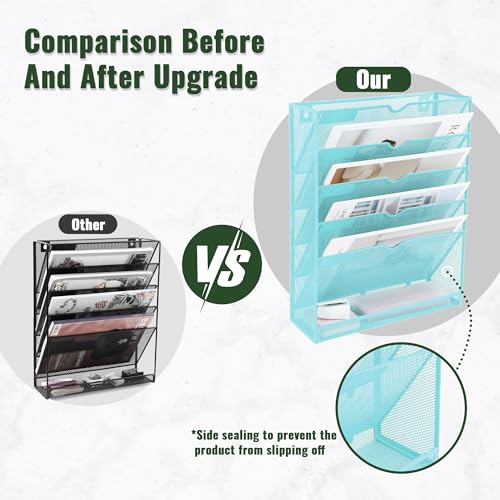 EASEPRES 6 Tier Mesh Hanging Wall File Organizer, Desk Vertical Mail Paper Document Folder Holder Rack with Bottom Tray and Nametag Label for Office Home School, Blue - color: Blue, size: 6 Tier
