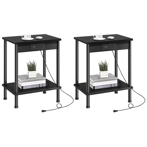 YUFAM End Table with Charging Station,Small Side Table,2-Tier Nightstand with Storage Shelf,Sofa Bedside Table for Small Spaces in Living Room,Bedroom,Office,Easy Assembly,Black - color: Black, style: 2pcs With Plug