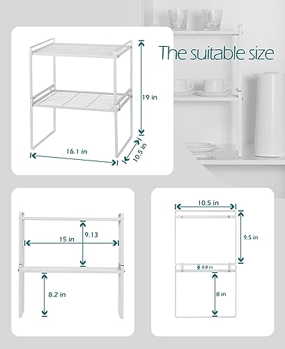 Shantton 2Pack Kitchen Cabinet Shelf Counter Organizer Rack Pantry Storage Bathroom Bedroom Office Table Desk Space Saving Stackable Rust Resistant Non Slip White Tall Wide L16.1in W10.6in H9.5in - color: White, size: L16.1'' W10.6'' H9.5''