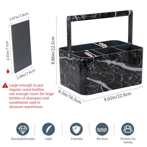BYUNER Plastic Shower Caddy Dorm: Portable Bathroom Caddy Organizer for College with Handle and Adjustable Divider, Utility Hard Shower Basket Bath Tote for Toiletry, Shampoo, Soap (Black Marble) - color: Black Marble