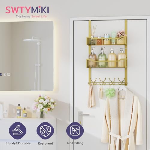 SWTYMIKI Over The Door Hooks Organizer - Multi-Functional Door Hanger with 16 Hooks & 2 Mesh Baskets, Long Coat Rack for Bathroom, Bedroom, Living Room, Home Storage Organizer, Gold - color: Gold