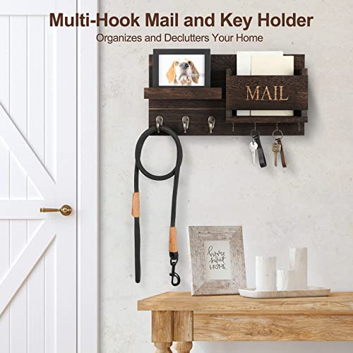 Lwenki Mail Organizer for Wall Mount – Key Holder with Shelf Includes Letter Holder and Hooks for Hallway Farmhouse Decor – Rustic Wood with Flush Mounting Hardware (16.5” x 9.1” x 3.4”) (Brown) - color: Brown