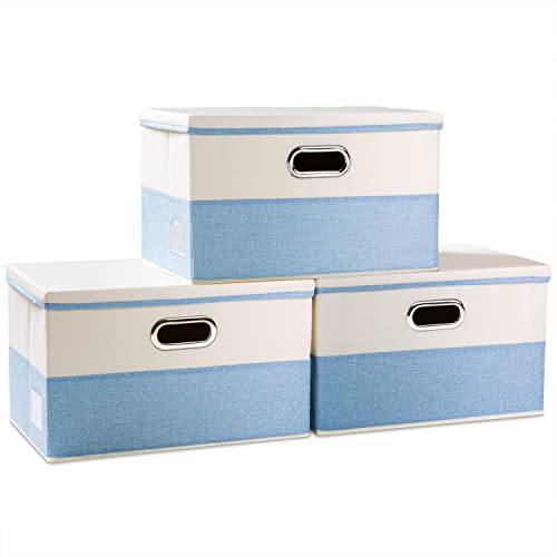 PRANDOM Large Foldable Storage Boxes with Lids [3-Pack] Fabric Collapsible Storage Bins Organizer Containers Baskets Cube with Cover for Home Bedroom Closet Office Nursery Blue&Cream(17.7x11.8x11.8) - color: Blue&Cream, size: L(3-Pack)
