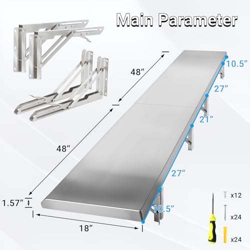Concession Shelf Drop Down 18" x 96", Spliced Style Folding Concession Stand Shelf Commercial Grade Stainless Steel, Foldable Concession Shelves for Snack Bar, Food Cart, Movie Theater - size: 18" x 96"