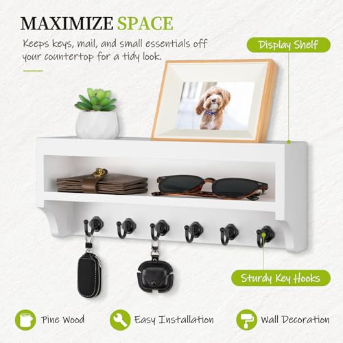 Nekon Key Holder Wall Mount, 12.8" W x 5.6" H x 3.7" D Wall Mounted Key and Mail Organizer with 6 Key Hooks, Key Racks for Home Entryway Decor (White) - color: White