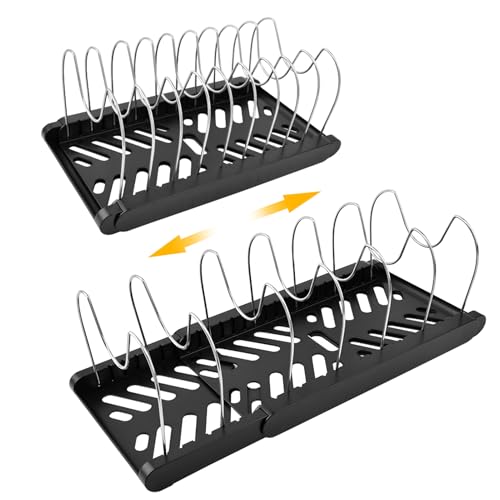 Expandable Pot and Pan Organizer Rack for Kitchen Cabinet or Under Sink,with 10 Adjustable Compartment 13"-23" Adjustable Length for Lids Bakeware Frying Rack and Cookware(COLOR:Black) - color: Black