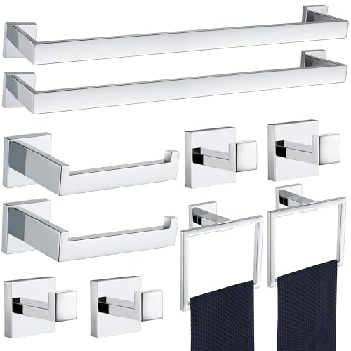 10 Pieces Bathroom Hardware Accessories Set Polished Chrome,24 Inch Bathroom Towel Rack Set SUS304 Stainless Steel, Square Bath Towel bar Set Heavy Duty, Wall Mounted - color: Polished Chrome, size: 24" 10pcs