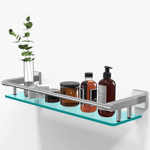 20 Inches Glass Shelf for Bathroom, Brushed Nickel Glass Shelves for Wall with Smooth Stainless Steel Railing, Modern Tempered Glass Organizer Shelf - color: Brushed Nickel, size: 20'' with Railing