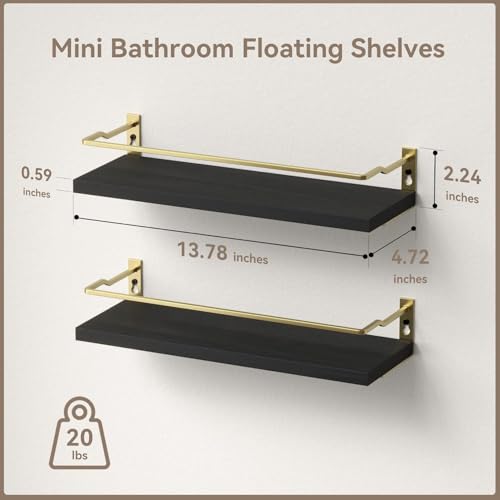 RICHER HOUSE Bathroom Floating Wall Shelf Set of 2 - Guard-Rail Small Wood Shelves for Decor, Over Toilet Storage, Kitchen Organizer - Black Gold - color: Black & Gold