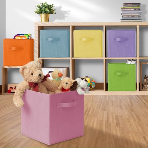 Casafield Set of 6 Collapsible Fabric Cube Storage Bins, Multicolor - 11" Foldable Cloth Baskets for Shelves, Cubby Organizers & More - color: Baby Blue, Lavender, Lime Green, Pink, Orange, Yellow, size: 10.5" x 10.5" x 11"