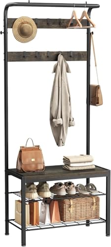 Hall Tree with Bench and Shoe Storage, 4-in-1 Entryway Organizer with 10 Hooks and Storage Shelf,Coat Rack Freestanding with 2-Tier Storage Shelf for Living Room, Bedroom Gray - color: Gray