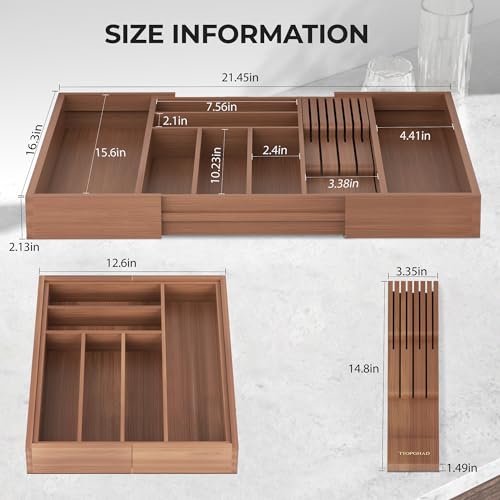 TIOPGHAD Bamboo-Silverware-Drawer-Organizer-Kitchen, Expandable Utensil Holder Cutlery Tray Flatware Organization Adjustable Wood Tableware Dividers Storage (with Removable Knife Block)(Brown) - color: Brown, size: Large