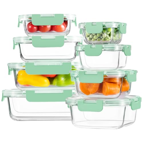 HOMBERKING 8 Pack Glass Food Storage Containers with Lids, Meal Prep Containers, Airtight Bento Boxes with Leak Proof Locking for Microwave, Oven, Freezer and Dishwasher, BPA Free, 5-35oz, light blue - color: Light Blue
