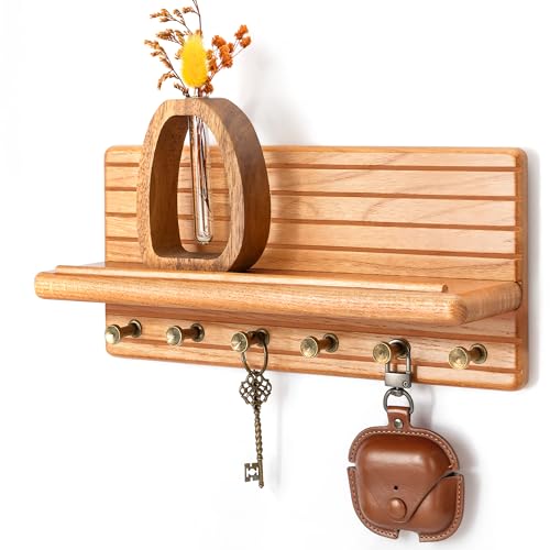 Rebee Vision Cedar Wood Key Holder Wall Mount – Farmhouse Wooden Key Holder for Wall with 6 Hooks & Floating Shelf - Farmhouse Home Decor Solution (Walnut) - color: Neutral, size: Medium-11inch