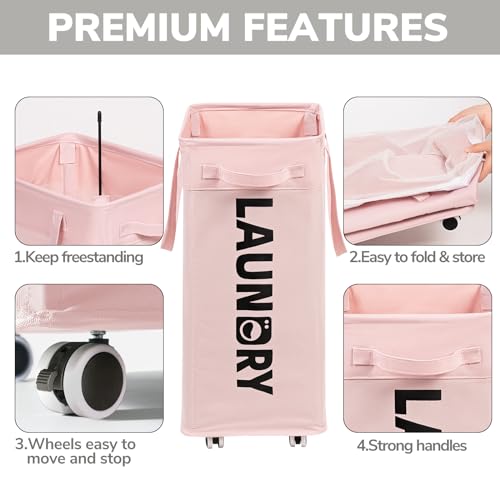 Goodpick Pink Laundry Baskets with Wheels 2-Pack, 75L Rolling Laundry Basket with Removable Wash Bags, Large Laundry Hamper for Corner Dorm, Collapsible Laundry Basket on Wheels - color: Pink 2-Pack