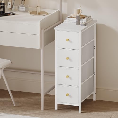 Fixwal Narrow Storage Cabinet, Narrow Nightstand Dresser with 4 Drawers, Slim Fabric Dresser Storage Tower for Small Spaces, White Dresser, for Bedroom, Bathroom, Laundry, Closet - color: White