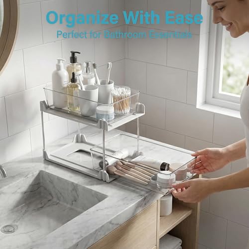 2 Pack Bathroom Organizer,2 Tier White Under Sink Organizers Vanity Countertop Storage Container,Cabinet Drawers Bins, Pull-Out Organization with Track for Pantry, Kitchen - color: White, size: 2 Pack