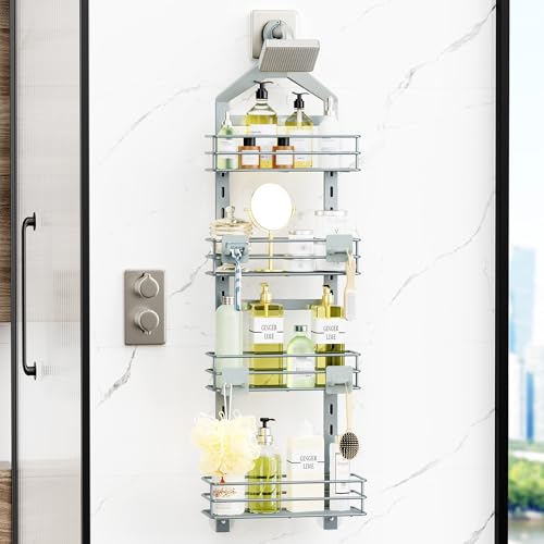Orimade 4 Tier Adjustable Anti-slip Shower Caddy over Shower Head,Rustproof Bathroom Hanging shower Organizer with 4 Hooks for Razor,No Drilling Shower shelves Storage Rack, Light Grey - color: Light Grey - 4 Tier