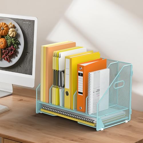Docnest Desk File Holder Sorter, 5 Vertical Compartments Rack with Letter Tray, Mesh Magazine File Holder with Handle,Workspace Organizers,Desk Organizers for Paper, Mail, Documents-Blue - color: Blue-5 Compartments