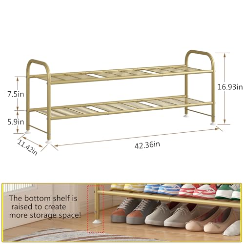 LINZINAR Shoe Rack Long 2 Tier Shoe Storage Organizer Metal Wide Shoe Shelf for Closet Entryway Bedroom 18 Paris Large Capacity, Gold - color: Gold, size: 2-Tier