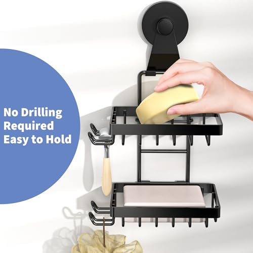 Moforoco Soap Bar Holder for Shower, No Drilling, 304 Stainless Steel, Wall Mounted Soap Holder with 4 Hooks and Razor Holder, Shower Rack Soap Tray Bar Soap for Bathroom (Black, 2-T Suction Cup) - color: Black, size: 2-T Suction Cup
