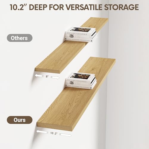 Vivelove 10" Deep Floating Shelves with Invisible Brackets, 47" Wall Shelves for Bathroom Bedroom Kitchen Living Room Laundry Room, Modern Rustic Shelves for Home Decor, 47.2"x10.2"x1.5"Set of 2, Oak - color: Oak, size: 47.2”Wx10.2”Dx1.5”H