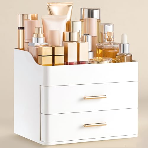HBlife Makeup Organizer for Vanity with 2 Drawers, Large Bathroom Countertop Cosmetics Organizer Skin Care Storage, Easy to Store Lipsticks, Nail Polishes, Perfumes, Eyeshadow Palettes, All White - color: All White