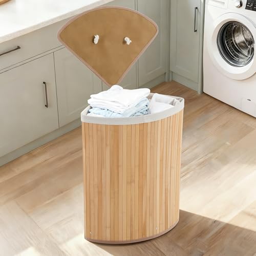 Bamboo Laundry Hamper Large 58L with Removable 2-Section Liner, Foldable Storage Basket with Lid and Handles for Bedroom, Laundry Room, Small Spaces – Natural - Triangle - color: Natural - Triangle