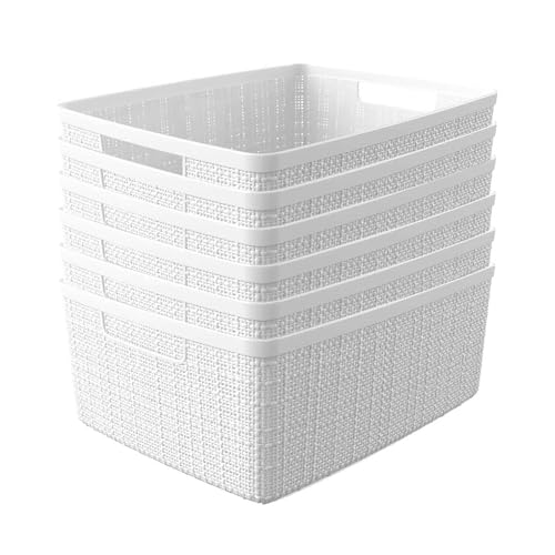 Curver Set of 6 Medium 12L Jute Decorative Plastic Organization and Storage Baskets - Perfect Bins for Home Office, Closet Shelves, Kitchen Pantry and All Bedroom Essentials, White - color: White, size: Medium 12L