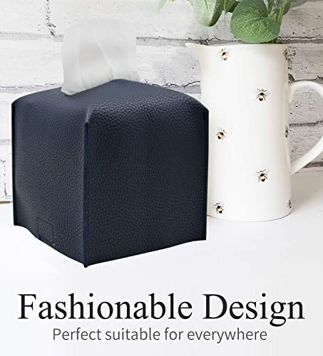 Livelab Tissue Box Cover, Square Decorative PU Leather Tissue Box Holder Modern Tissue Case Facial Paper Organizer Dispenser for Bathroom, Vanity Countertop, Night Stands, Desk 5X5X5'' | Navy Blue - color: Navy Blue
