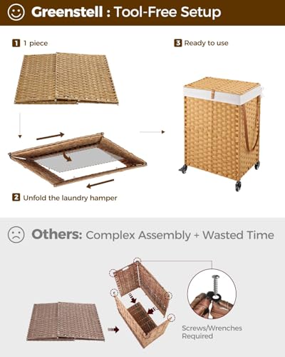 Greenstell Laundry Hamper with Wheels, No Install Needed, 90L Divided Handwoven Hampers & 2 Removable Liner Bags, Synthetic Rattan Clothes Laundry Basket with Lid & Handles, Foldable Hampers Natural - color: Natural, size: 90L: 18.3x13.5x26.4 Inches