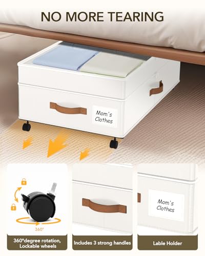 Under Bed Storage with Wheels, 10 inches Under Bed Storage Containers, 65L XXL Large Adjustable Underbed with Lids, Rolling Underbed Storage bins for Shoes, Clothes, Blankets, White - color: White